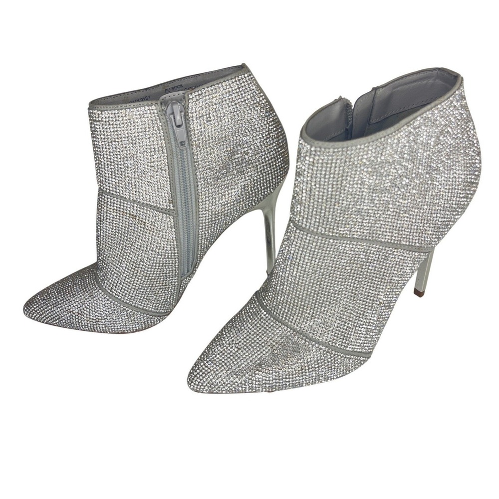 Steve Madden Paola Rhinestone Ankle Boots Silver Stiletto Pointed Toe Womens 5